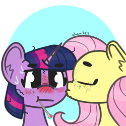 Size: 1280x1280 | Tagged: safe, artist:charleyhorsey, manebooru original, character:fluttershy, character:twilight sparkle, species:alicorn, species:pegasus, species:pony, ship:twishy, g4, abstract background, art challenge, freckles, kissing, manechat challenge, shipping, sick, thermometer