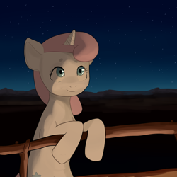Size: 1000x1000 | Tagged: safe, artist:realitygore, character:twinkleshine, species:pony, species:unicorn, g4, female, fence, horn, looking up, mare, night, smiling, solo, stars