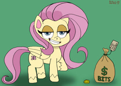 Size: 1280x907 | Tagged: safe, artist:romulus4444, character:fluttershy, species:pegasus, species:pony, g4, g4.5, my little pony:pony life, art challenge, bits, charity, green background, manechat challenge, money bag, simple background, smiling, solo