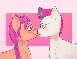 Size: 1406x1077 | Tagged: safe, artist:thedefinitionofsad, character:sunny starscout, character:zipp storm, species:earth pony, species:pegasus, species:pony, ship:zippscout, g5, abstract background, blushing, boop, braid, bust, duo, female, heart, lesbian, looking at each other, mare, noseboop, ship, shipping, smiling, unamused, wingless