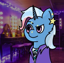 Size: 1166x1156 | Tagged: safe, artist:melodysketch, character:trixie, species:pony, species:unicorn, g4, cell shaded, clothing, cutie mark, cutie mark on clothes, dyed mane, ear piercing, earring, eyebrow piercing, hatless, jacket, jewelry, leather jacket, messy mane, missing accessory, nose piercing, nose ring, piercing, punk, solo