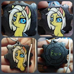 Size: 1024x1024 | Tagged: safe, artist:megabait, oc, species:earth pony, species:pony, fallout equestria, g4, blue eyes, craft, crossover, eva, fallout, female, gear, irl, keychain, mare, photo, solo, wood, yellow coat