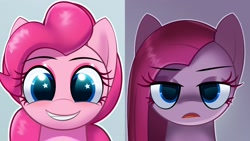 Size: 1200x675 | Tagged: safe, artist:tfancs85, character:pinkamena diane pie, character:pinkie pie, species:earth pony, species:pony, g4, bust, duality, solo, straight hair