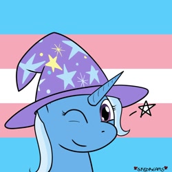 Size: 1000x1000 | Tagged: safe, artist:skydreams, character:trixie, species:pony, species:unicorn, g4, clothing, female, hat, mare, one eye closed, portrait, stars, trans female, trans trixie, transgender, transgender pride flag, trixie's hat, wink, wizard hat