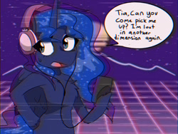Size: 1024x768 | Tagged: safe, artist:provolonepone, character:princess luna, species:alicorn, species:pony, g4, 80s, aesthetics, cellphone, dialogue, female, headphones, implied princess celestia, mare, missing cutie mark, phone, solo, speech bubble, synthwave, text