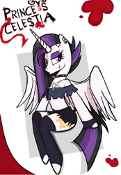 Size: 1066x1532 | Tagged: safe, artist:sallycars, character:princess celestia, species:alicorn, species:pony, g4, abstract background, clothing, digital art, dyed mane, dyed tail, eyeshadow, goth, jewelry, makeup, ms paint, piercing, sitting, solo, text, three quarter view