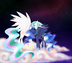 Size: 1024x896 | Tagged: safe, artist:its-gloomy, character:princess celestia, character:princess luna, species:alicorn, species:pony, g4, cloud, female, nuzzling, siblings, sisters