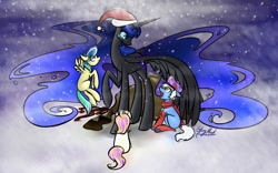 Size: 1024x637 | Tagged: safe, artist:its-gloomy, character:nightmare moon, character:princess luna, oc, species:alicorn, species:earth pony, species:pegasus, species:pony, species:unicorn, g4, bag, christmas, clothing, colt, female, filly, foal, hat, holiday, leg warmers, looking up, male, missing accessory, nicemare moon, open mouth, raised hoof, sack, santa hat, santa sack, scarf, sitting, smiling, snow, snowfall, socks, spread wings, tumblr:ask queen moon, wings, young