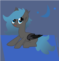 Size: 899x939 | Tagged: safe, artist:s-class-destroyer, oc, oc only, species:bat pony, species:pony, g4, blep, blue background, crescent moon, digital art, female, lineless, moon, simple background, sitting, solo, solo female, stars, tongue out, vector