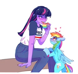Size: 1368x1306 | Tagged: safe, artist:aaa-its-spook, character:rainbow dash, character:twilight sparkle, species:eqg human, species:pegasus, species:pony, ship:twidash, g4, my little pony:equestria girls, bandage, bandaid, clothing, glasses, jeans, nail polish, pants, shipping, shirt, simple background, t-shirt, zap apple