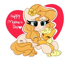 Size: 1200x970 | Tagged: safe, artist:kittyrosie, character:applejack, character:pear butter, species:earth pony, species:pony, g4, cute, daughter, eyes closed, female, filly, holiday, hug, jackabetes, mare, mother, mother and child, mother and daughter, mother's day, simple background, text, weapons-grade cute, white background, young
