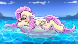 Size: 1890x1072 | Tagged: safe, artist:dinoalpaka, manebooru spotlight, character:fluttershy, species:pegasus, species:pony, g4, cute, ear fluff, female, floppy ears, inflatable, inner tube, mare, profile, relaxing, shyabetes, smiling, solo, summer, sunglasses, thick eyebrows, water, wings