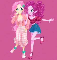 Size: 1140x1200 | Tagged: safe, artist:binco_293, character:fluttershy, character:pinkie pie, species:eqg human, g4, clothing, hairpin, pigtails