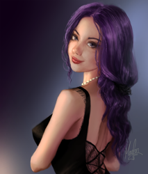 Size: 1200x1408 | Tagged: safe, artist:magfen, character:rarity, species:human, g4, backless, beautiful, black dress, bust, clothing, dress, humanized, jewelry, looking back, necklace, pearl necklace, solo, species swap