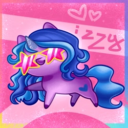 Size: 1200x1200 | Tagged: safe, artist:irinamar, character:izzy moonbow, species:pony, species:unicorn, g5, chibi, cutie mark, gradient hair, horn pattern, solo, star glasses, sunglasses, text