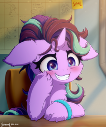 Size: 2000x2400 | Tagged: safe, artist:symbianl, character:starlight glimmer, species:earth pony, species:pony, species:unicorn, episode:student counsel, g4, my little pony: friendship is magic, blushing, bracelet, calendar, chair, cheek fluff, chest fluff, cute, desk, ear fluff, female, floppy ears, fluffy, glimmerbetes, grin, hoof fluff, hooves, jewelry, leg fluff, mare, signature, smiling, solo, solo female, starlighting, sticky note, stressed, text
