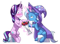 Size: 1200x878 | Tagged: safe, artist:chub-wub, character:starlight glimmer, character:trixie, species:pony, species:unicorn, ship:startrix, g4, blushing, bouquet, cape, clothing, cute, female, flower, glowing horn, hat, lesbian, magic, rose, shipping, sitting, telekinesis, trixie's cape, trixie's hat, wizard hat