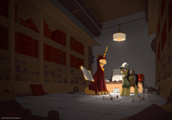 Size: 3000x2100 | Tagged: safe, artist:eriada, character:daring do, species:pegasus, species:pony, g4, female, glowing horn, indoors, lamp, library, magic, mare, reading, robot, robot pony, scroll, solo, telekinesis