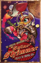 Size: 800x1227 | Tagged: safe, artist:harwick, character:sunset shimmer, species:pony, species:unicorn, g4, clothing, parody, planet, ponies in space, poster, rocket, solo, space, space suit, steampunk