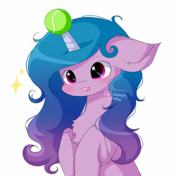 Size: 800x800 | Tagged: safe, artist:dddreamdraw, character:izzy moonbow, species:pony, species:unicorn, g5, ball, blushing, bust, chest fluff, childproof horn, gradient hair, horn, solo, sparkles, tennis ball, toy