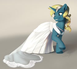 Size: 2048x1843 | Tagged: safe, artist:silfoe, oc, oc only, oc:maple parapet, species:pony, species:unicorn, g4, clothing, dress, female, horn, long dress, looking back, mare, simple background, solo