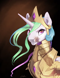 Size: 1275x1650 | Tagged: safe, artist:silfoe, character:princess celestia, species:alicorn, species:pony, g4, angry, armor, crown, female, horn, jewelry, looking at you, mare, regalia, simple background, solo, warrior celestia