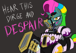 Size: 1052x744 | Tagged: safe, artist:sanity-x, oc, oc only, species:pony, g4, armor, chaos space marine, crossover, ear piercing, earring, female, jewelry, long tongue, looking at you, mare, mask, noise marine, piercing, power armor, solo, text, tongue out, warhammer (game), warhammer 40k