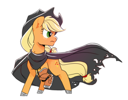 Size: 1098x860 | Tagged: safe, artist:yokokinawa, character:applejack, species:earth pony, species:pony, g4, alternate cutie mark, amputee, appleborg, augmented, cape, clothing, cowboy hat, cross, cutie mark, cyborg, female, freckles, hat, mare, prosthetic limb, prosthetics, serious, simple background, solo, vampire hunter, white background