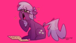 Size: 1200x675 | Tagged: safe, artist:opossum_stuff, character:cheerilee, species:earth pony, species:pony, g4, paper, pink background, simple background, tired, yawn