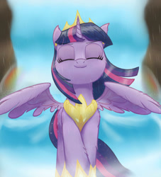 Size: 1280x1408 | Tagged: safe, artist:fchelon, character:twilight sparkle, character:twilight sparkle (alicorn), species:alicorn, species:pony, episode:the last problem, g4, my little pony: friendship is magic, clothing, cute, eyes closed, female, fluffy, high res, hoof shoes, jewelry, mare, necklace, outdoors, peytral, regalia, shoes, smiling, solo, spread wings, standing, twiabetes, waterfall, windswept mane, wings