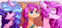 Size: 1200x547 | Tagged: safe, artist:willdrawhere, character:izzy moonbow, character:pipp petals, character:sunny starscout, species:earth pony, species:pegasus, species:pony, species:unicorn, g5, braid, bust, chest fluff, circlet, ear fluff, gradient hair, pipp wings