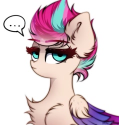 Size: 1143x1200 | Tagged: safe, artist:mite-lime, character:zipp storm, species:pegasus, species:pony, g5, big ears, bust, chest fluff, colored wings, dialogue, ear fluff, solo, speech bubble, unimpressed, wings