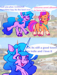 Size: 635x828 | Tagged: safe, artist:sunnystarscout, character:izzy moonbow, character:sunny starscout, species:earth pony, species:pony, g5, bag, bracelet, braid, coat markings, comic, cute, dialogue, izzybetes, jewelry, maretime bay, socks (coat marking), speech bubble, text, unshorn fetlocks