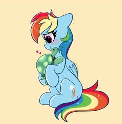Size: 3934x4000 | Tagged: safe, artist:kittyrosie, character:rainbow dash, character:tank, species:pegasus, species:pony, g4, blushing, female, high res, hoof hold, hug, male, mare, profile, simple background, sitting, tortoise, yellow background