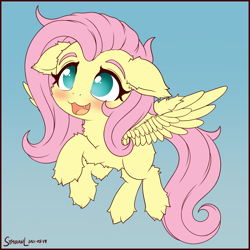 Size: 1750x1750 | Tagged: safe, artist:symbianl, character:fluttershy, species:pegasus, species:pony, g4, :d, blushing, chest fluff, chibi, cute, cute little fangs, ear fluff, fangs, fluffy, flying, gradient background, leg fluff, missing cutie mark, no pupils, open mouth, open smile, sharp teeth, shyabetes, signature, simple background, smiling, solo, wing fluff, wings