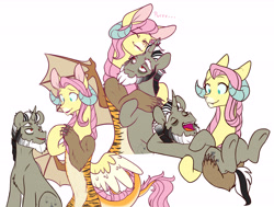 Size: 6120x4636 | Tagged: safe, artist:chub-wub, character:discord, character:fluttershy, species:draconequus, species:pony, species:unicorn, ship:discoshy, g4, absurd resolution, cuddling, draconequified, eyes closed, female, flutterequus, holding, holding a pony, hug, male, open mouth, ponified, pony discord, purring, role reversal, shipping, simple background, species swap, stallion, straight, underhoof, white background