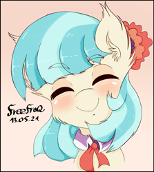 Size: 2247x2522 | Tagged: safe, artist:freefraq, character:coco pommel, species:earth pony, species:pony, g4, blushing, cheek fluff, cocobetes, collar, cravat, cute, ear fluff, eyebrows, eyebrows visible through hair, eyes closed, flower, flower in hair, fluffy, happy, signature, simple background, smiling, solo