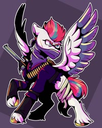 Size: 960x1200 | Tagged: safe, artist:feathers_lord, character:zipp storm, species:pegasus, species:pony, g5, bullet, clothing, colored wingtips, cool, gun, multicolored wings, solo, unshorn fetlocks, weapon, wings