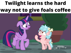 Size: 1920x1440 | Tagged: safe, edit, edited screencap, screencap, character:cozy glow, character:twilight sparkle, character:twilight sparkle (alicorn), species:alicorn, species:pegasus, species:pony, episode:school raze, g4, my little pony: friendship is magic, coffee, cozy glow is best facemaker, crazy glow, discovery family logo, drink, faec, female, filly, image macro, insanity, mare, meme, messy mane, plant, potted plant, young