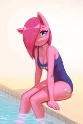 Size: 1600x2383 | Tagged: safe, artist:mrscroup, character:pinkamena diane pie, character:pinkie pie, species:anthro, species:earth pony, species:pony, g4, breasts, cleavage, clothing, female, hair over one eye, one-piece swimsuit, school swimsuit, sitting, solo, straight hair, sukumizu, swimming pool, swimsuit, water, wet