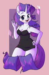 Size: 786x1200 | Tagged: safe, artist:kitberryart, character:rarity, species:anthro, species:pony, species:unicorn, g4, blushing, breasts, busty rarity, cleavage, clothing, cute, dress, eye, eyes, female, heart, heart eyes, little black dress, open mouth, raribetes, side slit, smiling, solo, tail, wingding eyes