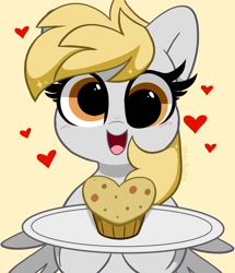 Size: 1034x1200 | Tagged: safe, artist:kittyrosie, character:derpy hooves, species:pegasus, species:pony, g4, cute, derpabetes, digital art, female, food, mare, muffin, redraw, smiling, solo