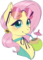 Size: 852x1199 | Tagged: safe, artist:taytinabelle, character:fluttershy, species:pegasus, species:pony, g4, blushing, bust, chest fluff, clothing, coconut, collar, cute, drink, drinking, drinking straw, ear fluff, female, food, hairclip, high res, looking at you, mare, shyabetes, simple background, solo, sunglasses, sunglasses on head, swimsuit, transparent background