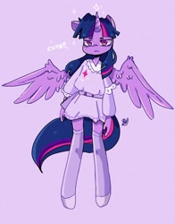 Size: 943x1200 | Tagged: safe, artist:haichiroo, character:twilight sparkle, character:twilight sparkle (alicorn), species:alicorn, species:anthro, species:unguligrade anthro, g4, clothing, female, frown, mare, purple background, signature, simple background, solo, spread wings, text, wings