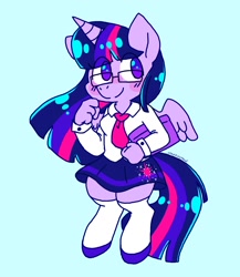 Size: 1042x1200 | Tagged: safe, artist:creepincrawl, character:twilight sparkle, character:twilight sparkle (alicorn), species:alicorn, species:anthro, species:unguligrade anthro, g4, blue background, book, clothing, cutie mark, cutie mark on clothes, female, glasses, necktie, signature, simple background, skirt, socks, solo