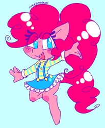 Size: 1168x1420 | Tagged: safe, artist:creepincrawl, character:pinkie pie, species:anthro, species:earth pony, species:unguligrade anthro, g4, blue background, clothing, cutie mark, cutie mark on clothes, eye clipping through hair, female, signature, simple background, skirt, smiling, solo, suspenders