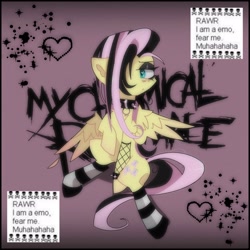 Size: 2048x2048 | Tagged: safe, artist:blairvonglitter, character:fluttershy, species:pegasus, species:pony, g4, bracelet, choker, clothing, collar, emoshy, eyeshadow, fishnets, fluttergoth, hair over one eye, jewelry, makeup, my chemical romance, necklace, sitting, socks, solo, spiked choker, spiked collar, spiked wristband, stockings, striped socks, thigh highs, wristband