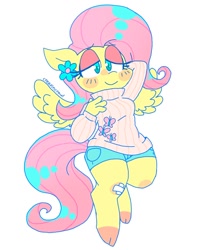 Size: 966x1218 | Tagged: safe, artist:creepincrawl, character:fluttershy, species:anthro, species:pegasus, species:pony, species:unguligrade anthro, g4, arm behind head, bandage, blushing, clothing, cloven hooves, cute, cutie mark, cutie mark on clothes, female, floppy ears, flower, hooves, lidded eyes, shorts, shyabetes, signature, simple background, smiling, solo, sweater, sweatershy, turtleneck, white background