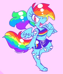Size: 1188x1397 | Tagged: safe, artist:creepincrawl, character:rainbow dash, species:anthro, species:pegasus, species:unguligrade anthro, g4, bandage, belly button, breasts, cleavage, clothing, cloven hooves, cutie mark, cutie mark on clothes, female, hooves, looking at you, open mouth, pink background, ponytail, shorts, simple background, smiling, solo