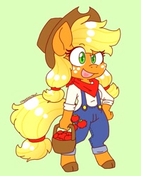 Size: 1017x1270 | Tagged: safe, artist:creepincrawl, character:applejack, species:anthro, species:earth pony, species:unguligrade anthro, g4, apple, apple basket, bandana, basket, clothing, cloven hooves, colored pupils, cute, cutie mark, cutie mark on clothes, female, food, green background, hand, hand on hip, hips, hooves, jackabetes, open mouth, overalls, pigtails, signature, simple background, smiling, solo